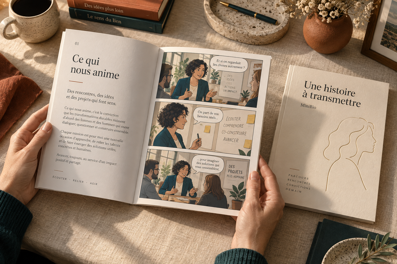 Concept d’un livret MiniBio ouvert sur un récit et une bande dessinée, à côté de sa couverture.